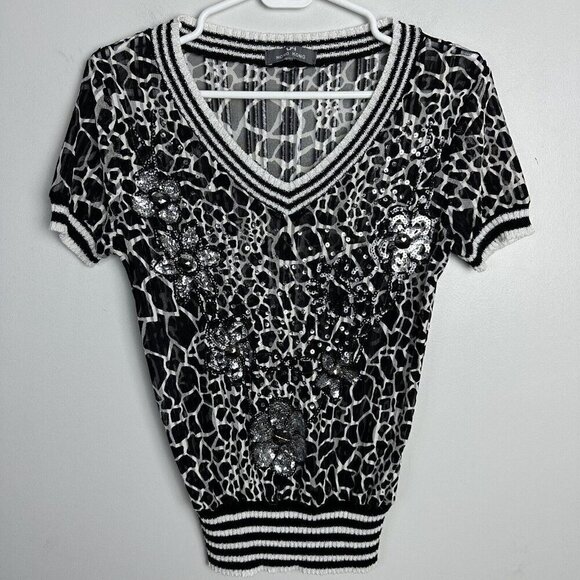 Hong Kong Tops - 90s Y2K Black White VNeck Elastic Top Semi-sheer Sequin Animal Print Whimsy Goth